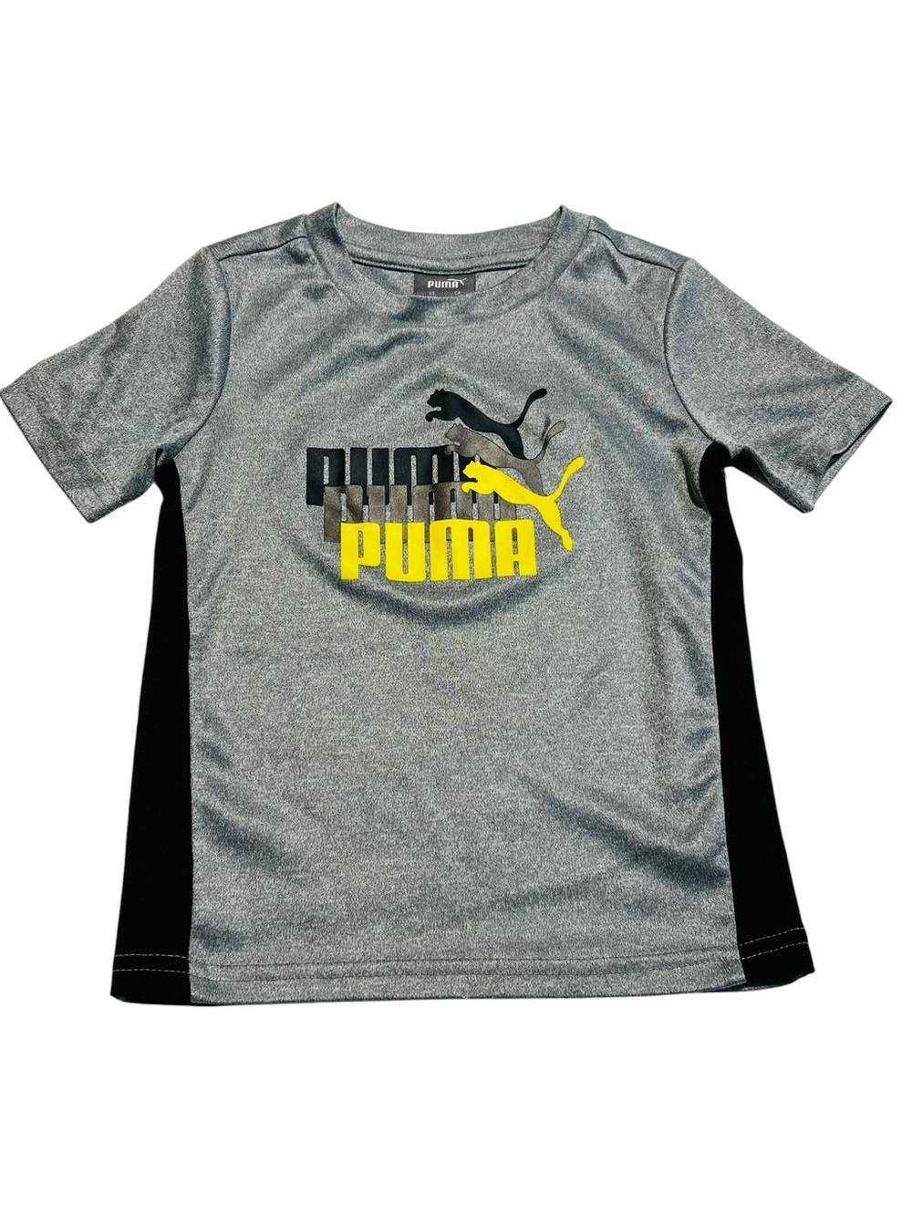 Puma Boys 2 Y Gray Black Short Sleeve Tee with Yellow Logo